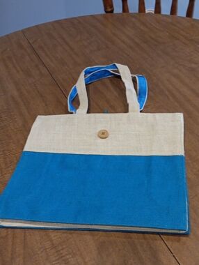 Blue and Natural Two-Tone Jute Tote Bag